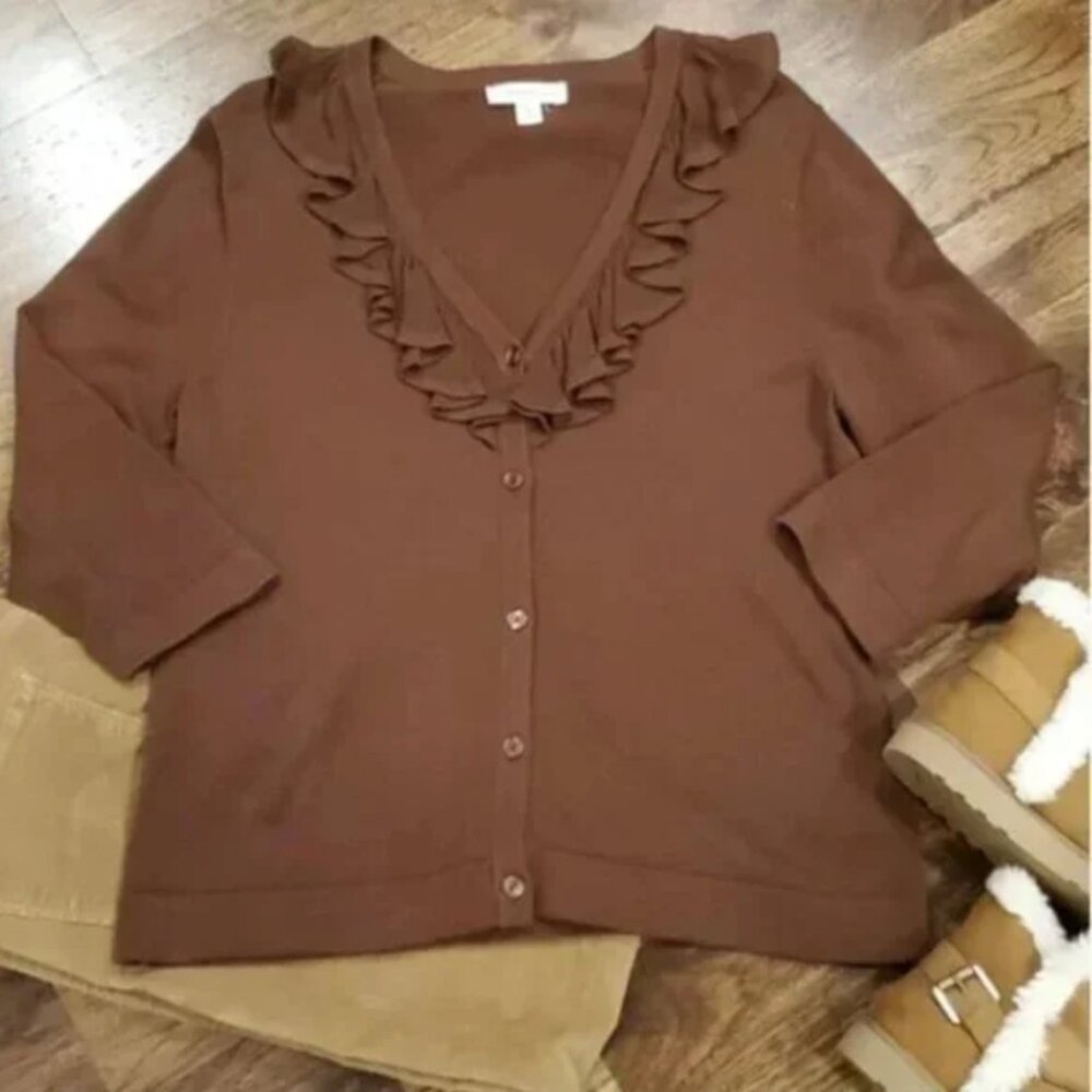 Coldwater Creek Brown Ruffle Cardigan Sweater